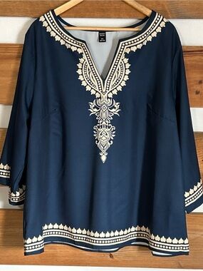 Chico's Navy Embroidered V-Neck Tunic Blouse